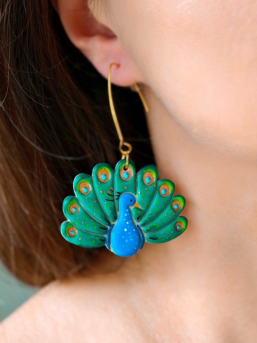 kolczyki z masy plastycznej Kolczyki pawie z wizerunkiem pawia akcesoria dla ornitologa, paw