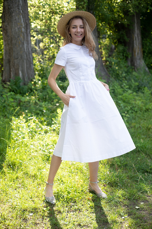 sukienki midi damskie Bawełniana biała sukienka w rozmiarach XS, S, M