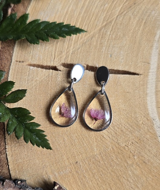 kolczyki z żywicy Kolczyki srebrne różowe łezki prawdziwe kwiaty