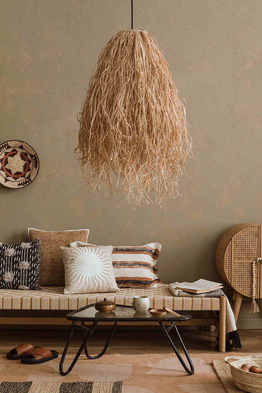 lampy wiszące Lampa boho pleciona z trawy  rafii 60cm