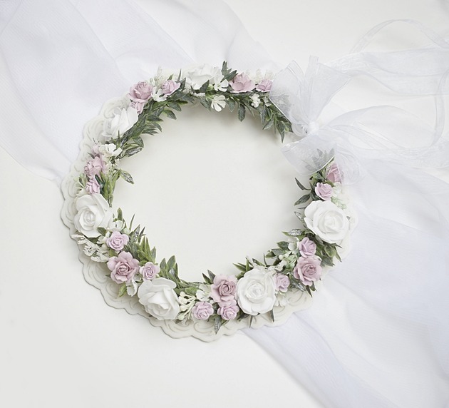 wianki komunijne Wianek komunijny jak żywy fioletowo liliowy ,   biel zieleń