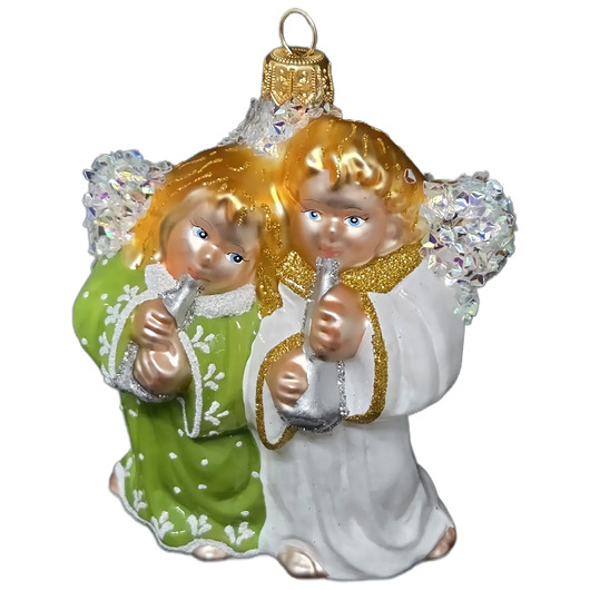 bombki Ręcznie malowana bombka szklana zielony i biały aniołek z fletami