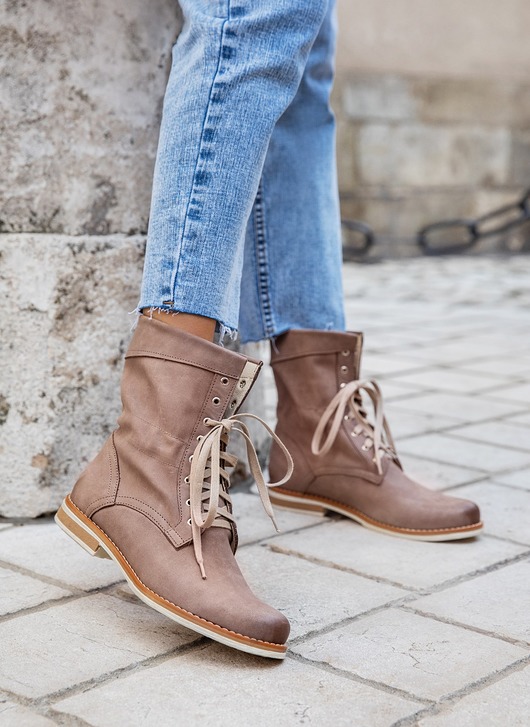 botki damskie BOTKI SZNUROWANE WORKERY - SKÓRA NATURALNA - MODEL 424 - KOLOR CAPPUCCINO