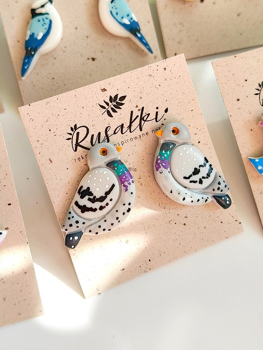 kolczyki z masy plastycznej Kolczyki sztyfty gołębie ptaszki, boho biżuteria rustykalna, ptaki dla niej