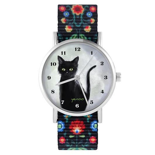 zegarki damskie Zegarek - Czarny kot - folk czarny, nylonowy
