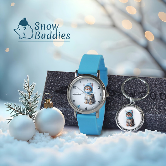 zegarki unisex Zestaw prezentowy - Kotek - zegarek i brelok - silikonowy, niebieski