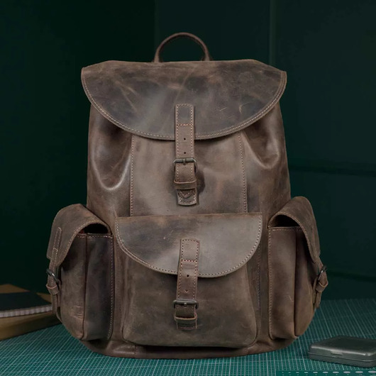 plecaki Ciemnobrązowy Duży Plecak Skórzany Vintage z Kieszeniami Outlander BT33