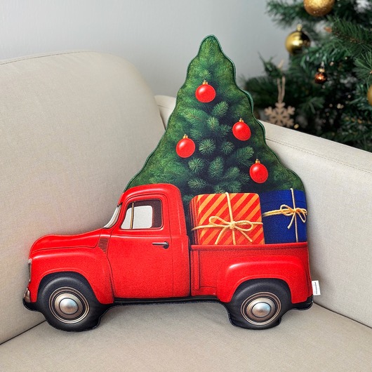 poduszki z grafiką Poduszka Świąteczna Retro Auto Z Choinką