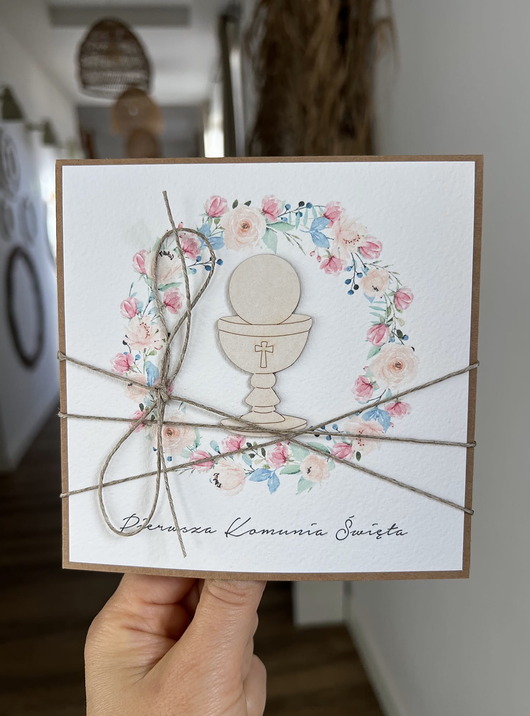 kartki na komunię Ręcznie robiona kartka komunijna z życzeniami