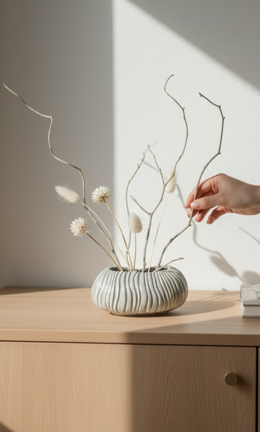 wazony Ręcznie wykonany wazon w stylu japandi, biały z rzeźbiony obiekt ikebana