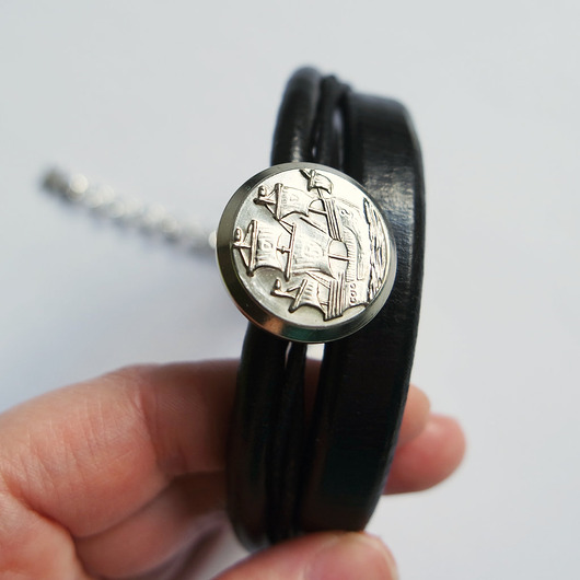 biżuteria męska Bransoletka skórzana - Żaglowiec - unisex, czarna, marynarska
