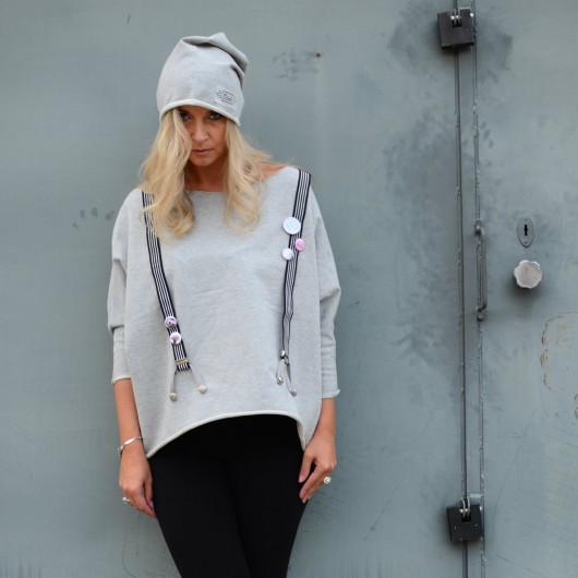 BLUZA SZARA SZELKI - handmade - oversize Pudrowy Różowy