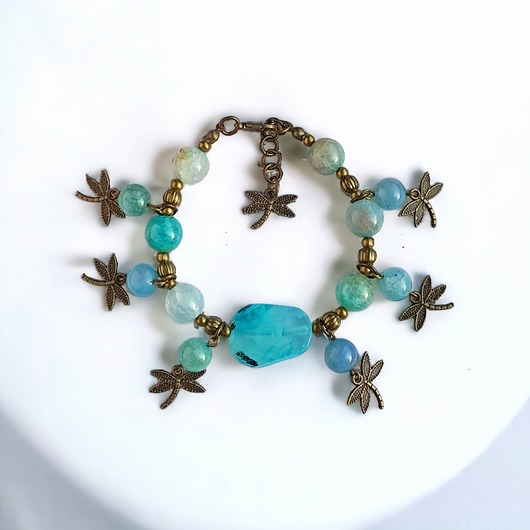 bransoletki z kamieni naturalnych UNIKAT: bransoletka & kolczyki : ważki : agat aqua : stare złoto