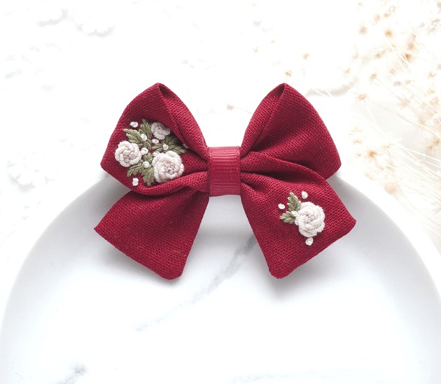 spinki i klamry do włosów HAFTOWANA Spinka / opaska do włosów świąteczna kokarda BORDOWA