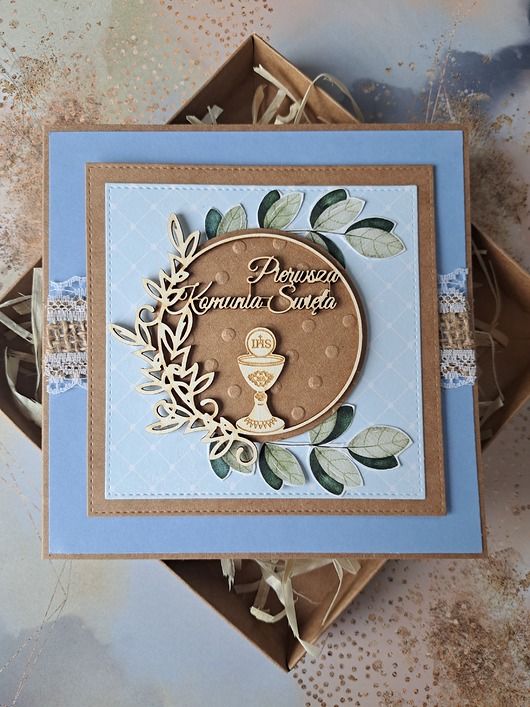 kartki scrapbooking Kartka na Komunię dla chłopca (pudełko)