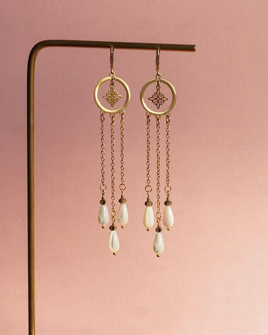 kolczyki z kamieniami Długie kolczyki z masą perłową i ażurowymi zawieszkami