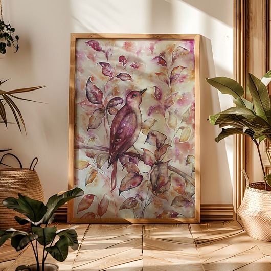 obrazy Ptak i kolorowe liście akwarela oryginał 100x70