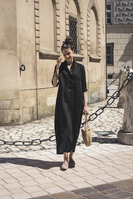 sukienki maxi damskie Lniana sukienka czarna koszulowa