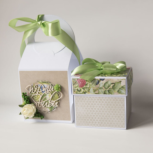 kartki scrapbooking Pamiątka ślubu, exploding box, kartka 3d z torebką zestaw