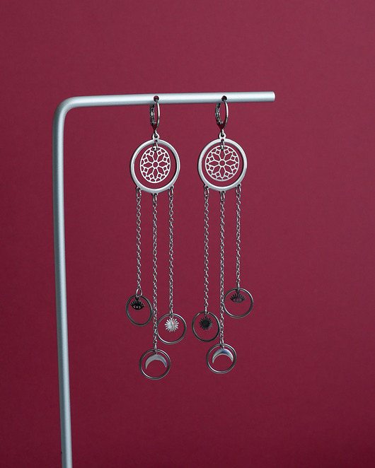 kolczyki srebrne Długie magiczne kolczyki ze stali a'la łapacz snów