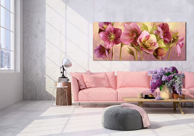 obrazy OBRAZ NA PŁÓTNIE - RÓŻOWE  KWIATY 150x60cm