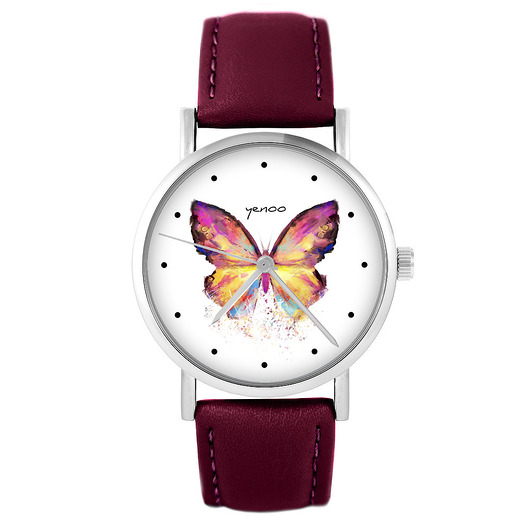 zegarki damskie Zegarek - Motyl - skórzany, burgund