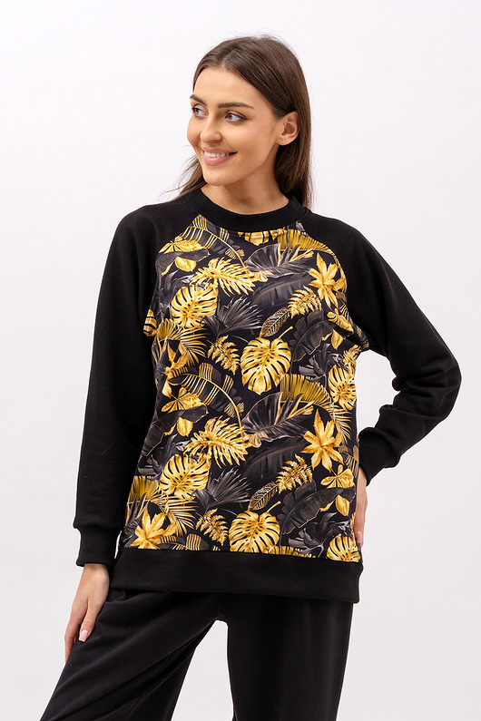 bluza bez kaptura damska Bluza damska raglan basic ,,ZUHAL" czarny/w złote liście