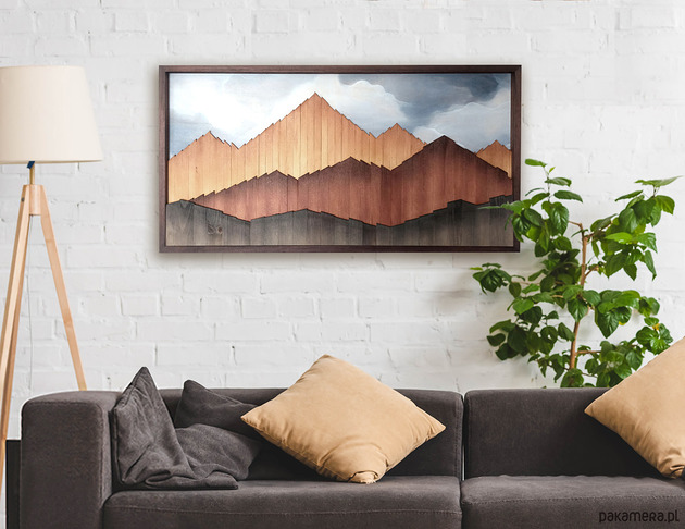 obrazy Obraz z drewna. Pejzaż górski. Mozaika drewniana dekoracja na ścianę