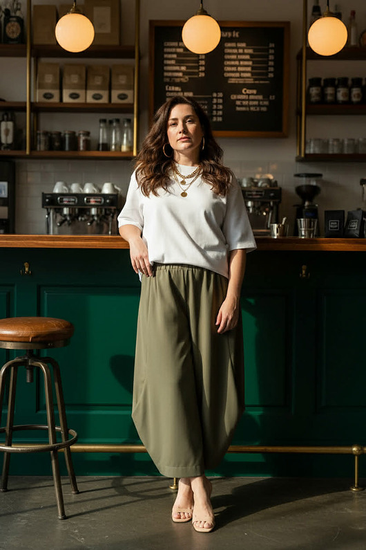 spodnie materiałowe damskie Spodnie eleganckie jedwabne MAUII 80% silk OLIWKA