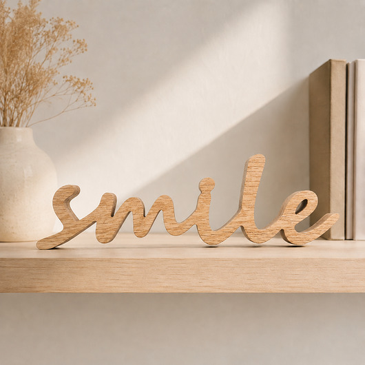 napisy dekoracyjne i tabliczki Drewniany napis smile z drewna, stojący dąb