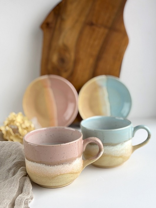 filiżanki Zestaw dla dwojga - 2 duże filiżanki - różowe i niebieskie migdały