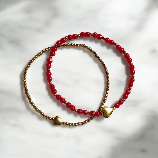 bransoletki z kamieni naturalnych Komplet czerwono-złoty : bransoletki z serduszkami : na prezent