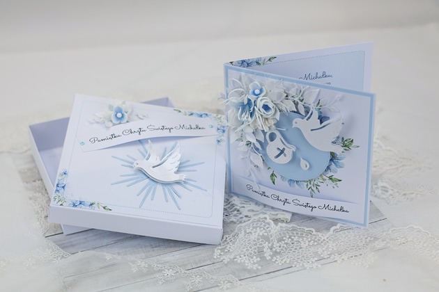 kartki scrapbooking Kartka w pudełku dla chłopca na Chrzest Święty