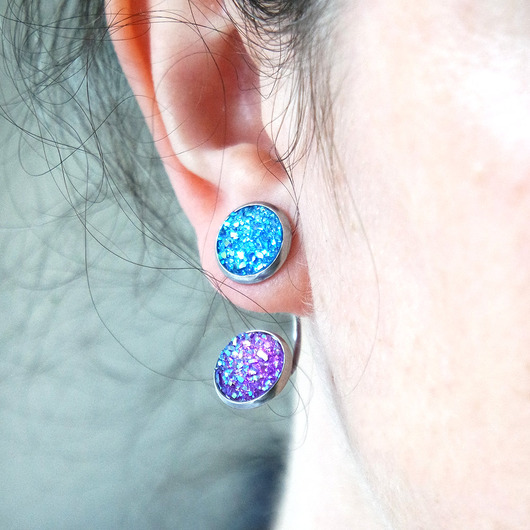 kolczyki z żywicy Kolekcja Starlight - kolczyki druzy niebieskie i fiolet - stal