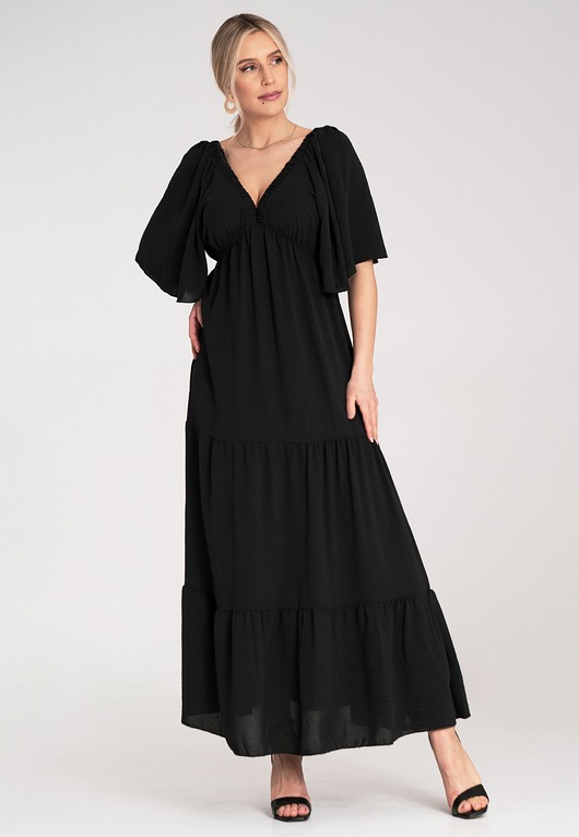 sukienki maxi damskie Długa sukienka maxi z dekoltem w serek i rękawem kimono - M1185