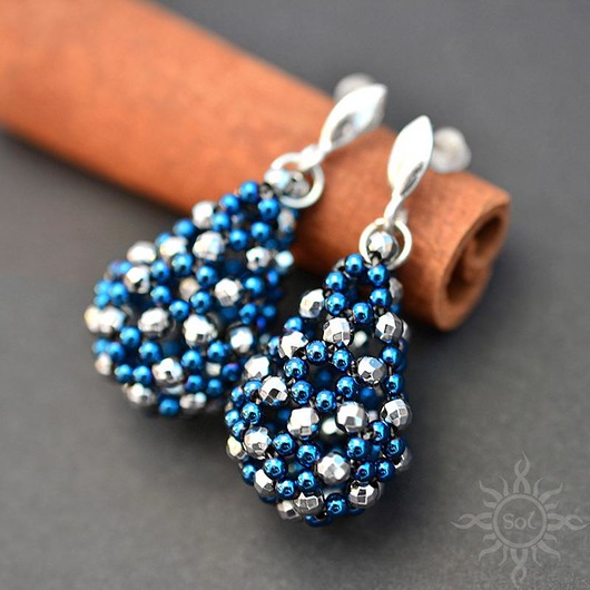 kolczyki z kamieniami Ażurowe krople z hematytu I, kolczyki, beading