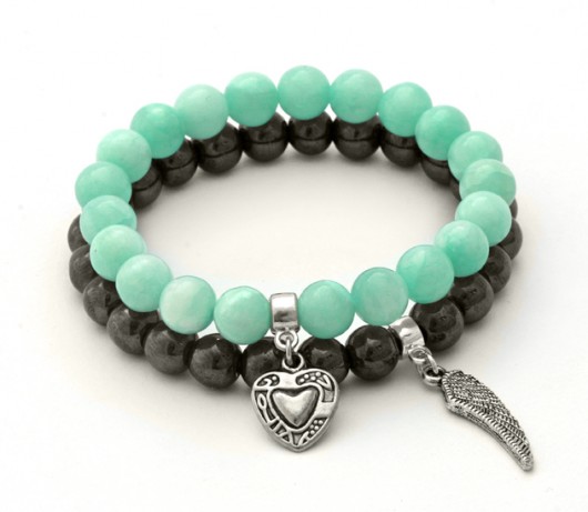 Steel hematite & mint jade set with pendants. Lavoga