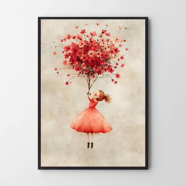 plakaty Plakat Dziewczynka unosząca się na różowym kwiatowym niebie