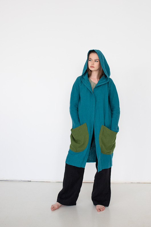 bluza z kapturem damska Lniane wdzianko kardigan, bluza z kapturem, polski len i produkcja