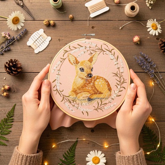 Ozdoby na ścianę Sarenka pink1, haft w tamborku 20 cm