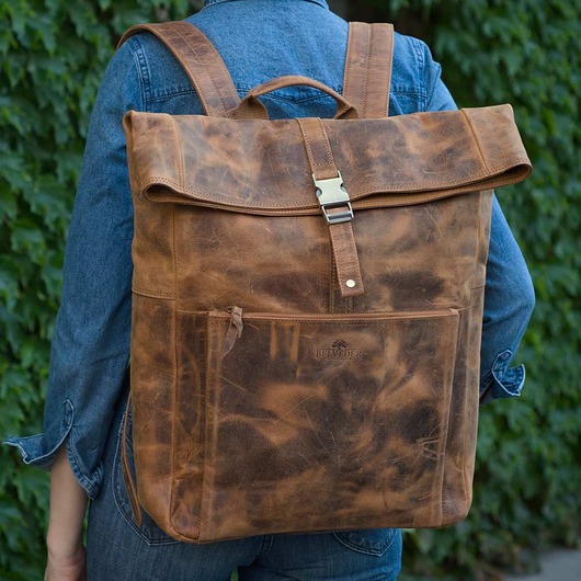 plecaki Belveder Plecak Vintage do Pracy na Laptopa 15,6 Skórzany Roll-Top BP145
