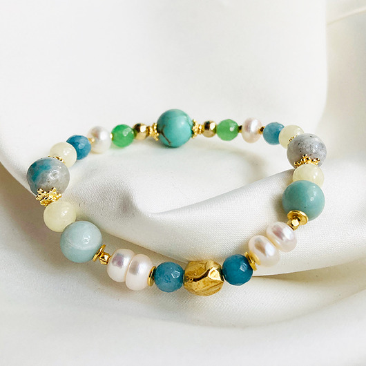 bransoletki z kamieni naturalnych MAGIA Elegancka Bransoletka z kamieni , Amazonit, jadeit, perły złoto