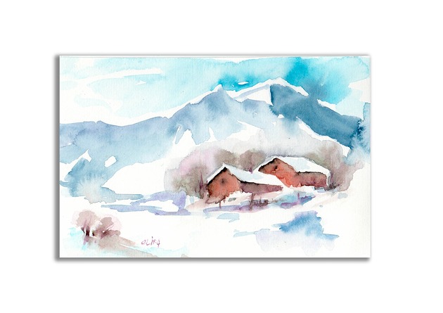 grafiki i ilustracje Akwarela ręcznie malowana  "Zima"+ rama