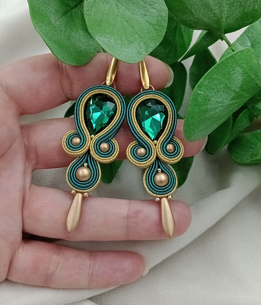 kolczyki soutache Szmaragdowe zielone złote kolczyki sutasz, kolczyki na wesele