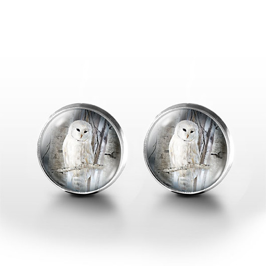 kolczyki szklane Kolczyki sztyfty - Biała sowa - grafika