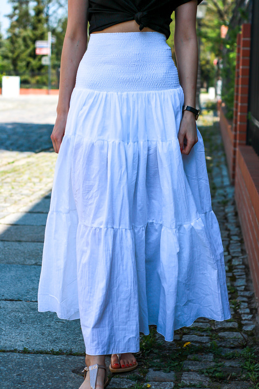 spódnice maxi Spódnica długa biała maxi falbany szeroki pas