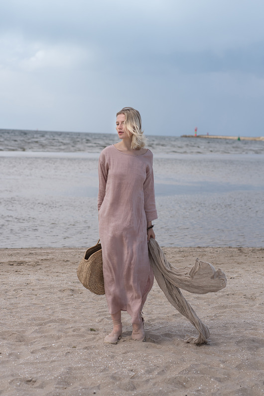 sukienki midi damskie Sukienka lniana blady róż