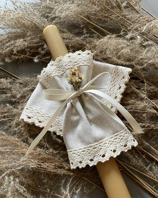 akcesoria na chrzest Piaskowa profitka z lnu okapnik ozdoba do świecy