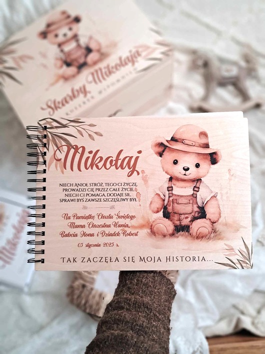 notatniki i albumy ALBUM  NA ZDJĘCIA MIŚ w kapeluszu z dedykacją, prezent na Roczek, Chrzest