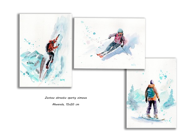 grafiki i ilustracje Sporty zimowe, zima, góry. Akwarela ręcznie malowana. Zestaw 3 szt